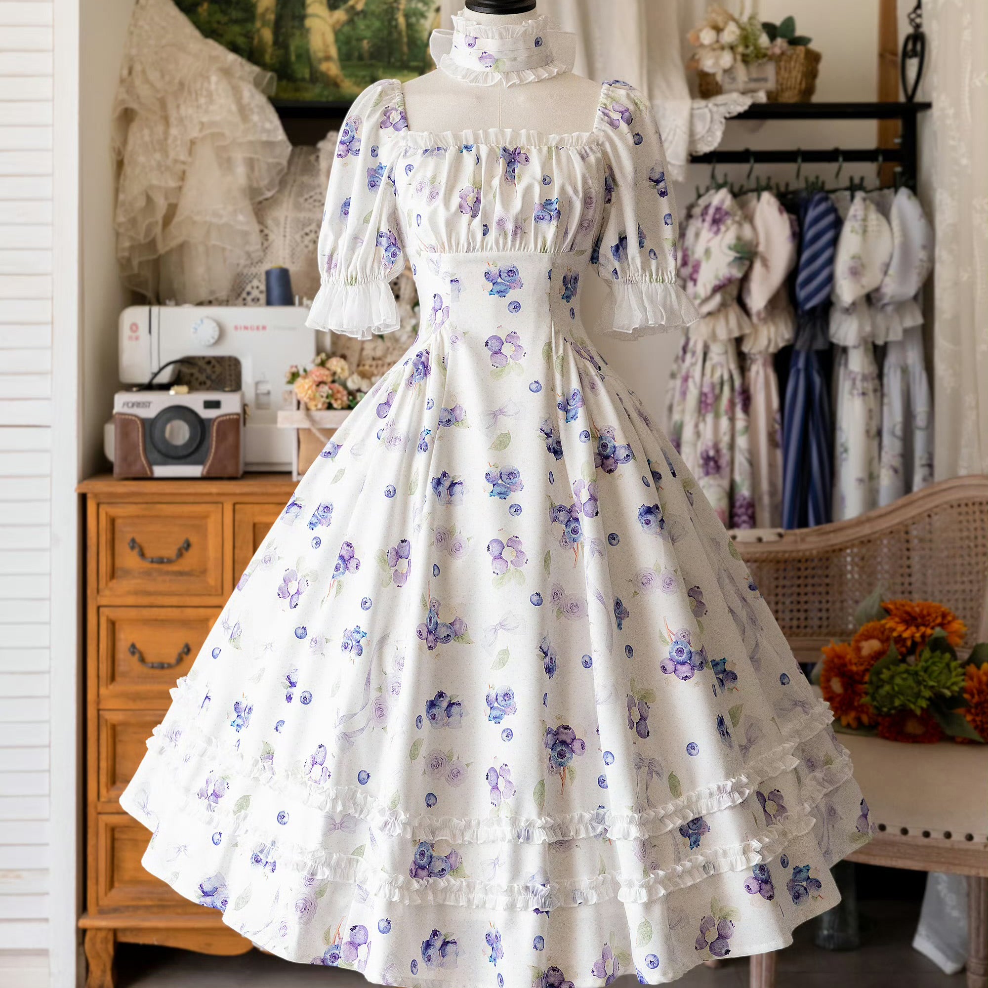 Blueberry and flower watercolor classical dress