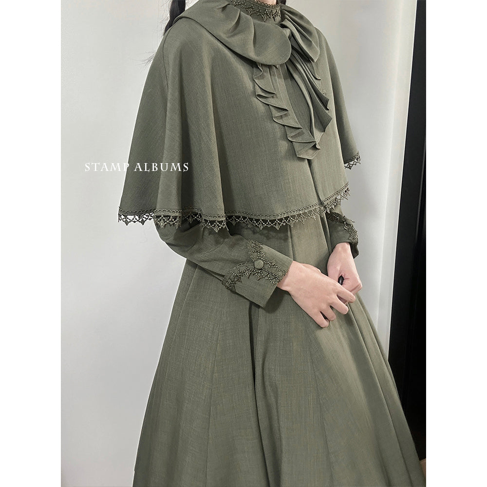 Gray-green snake embroidered dress, cape and embroidered apron
