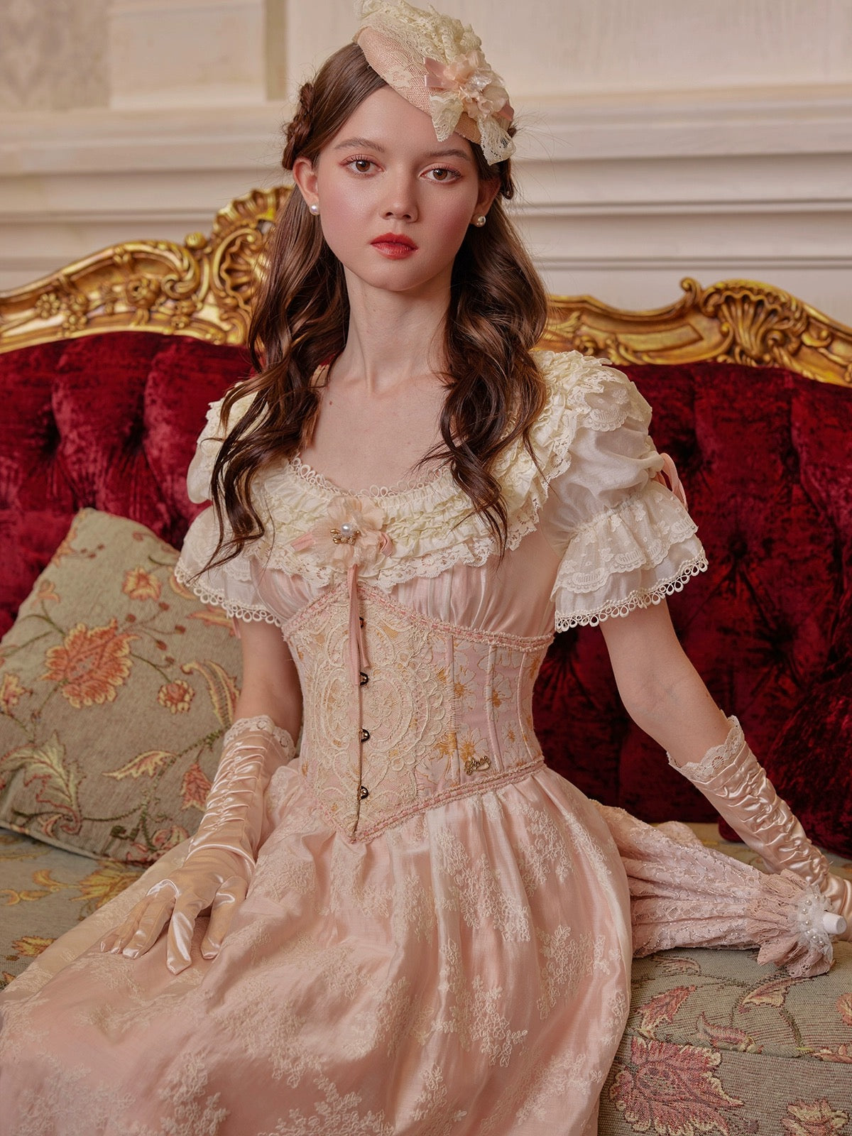 white christmas dresses REGENCY ERA IVORY JACQUARD CORSET DRESS WITH LACE LONG SLEEVE main image 0