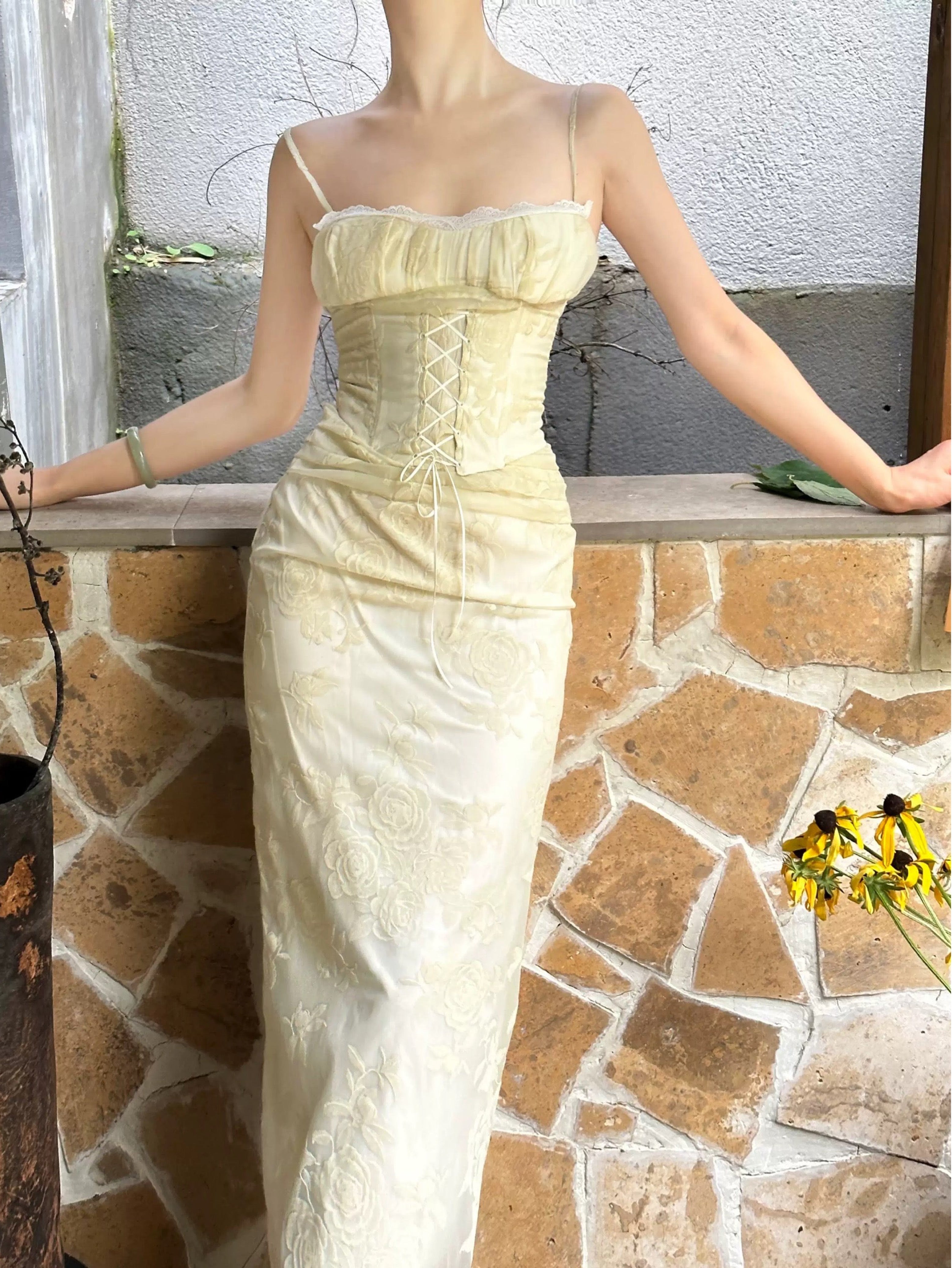 Porcelain White Flocked Rose corset constructed dress