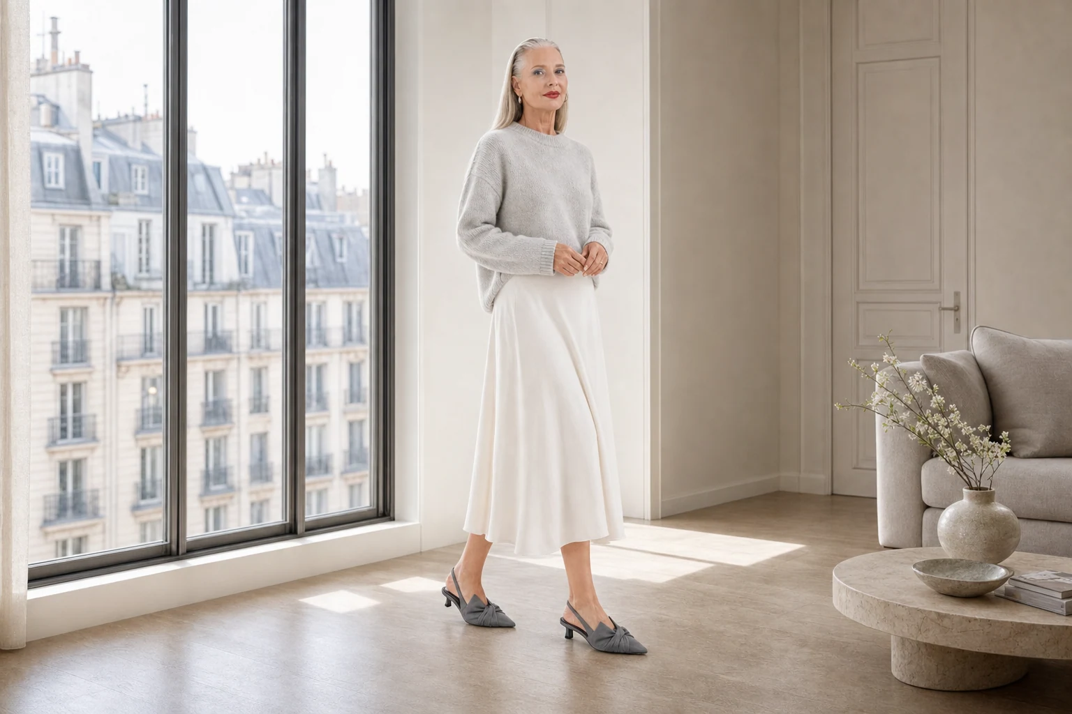 Scène de produits lifestyle montrant les escarpins gris à talon chaton à bride arrière
