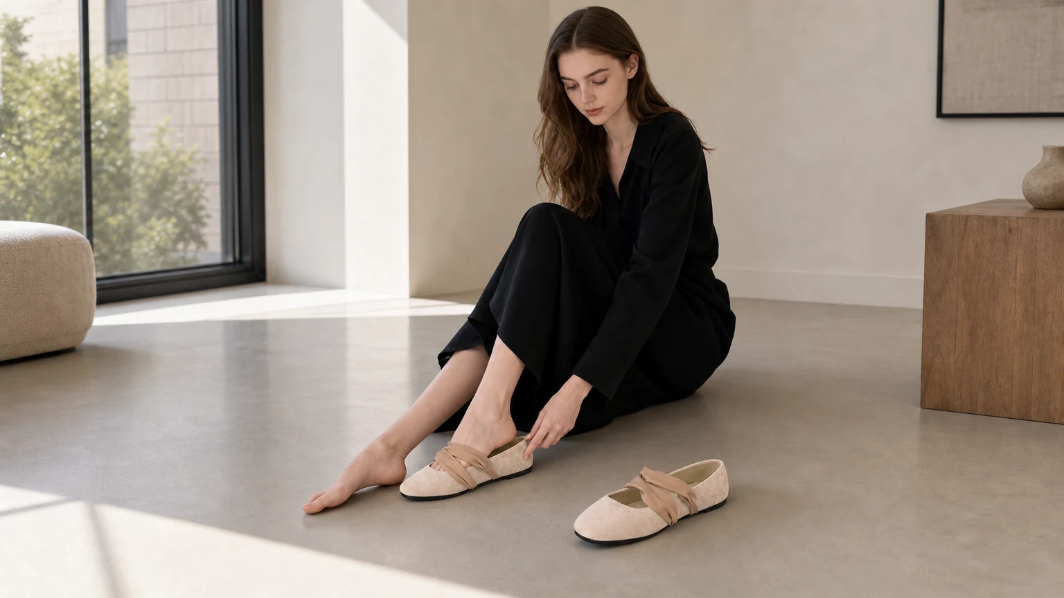 Elegant tie strap ballet flats styled in a soft spring scene