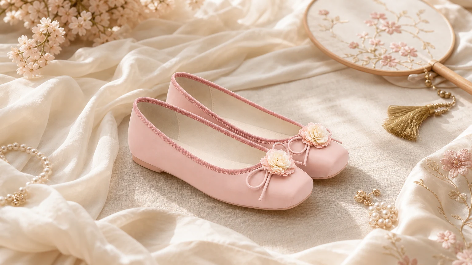 Qipao-inspired lightweight slip-on flat shoes styled in a soft 16:9 scene