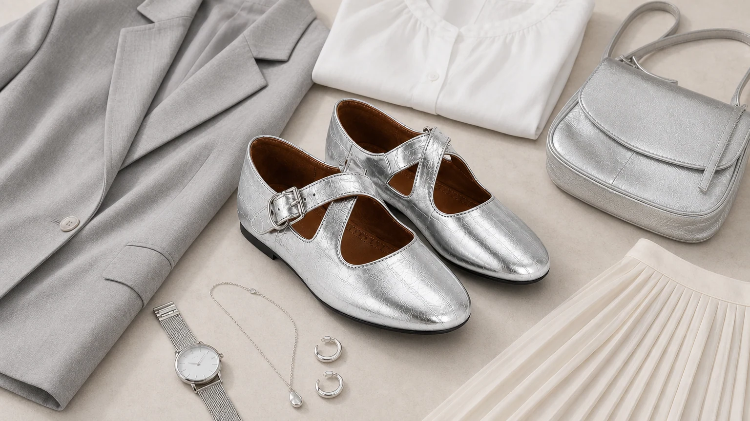 Silver hidden height Mary Jane shoes styled in a horizontal product scene