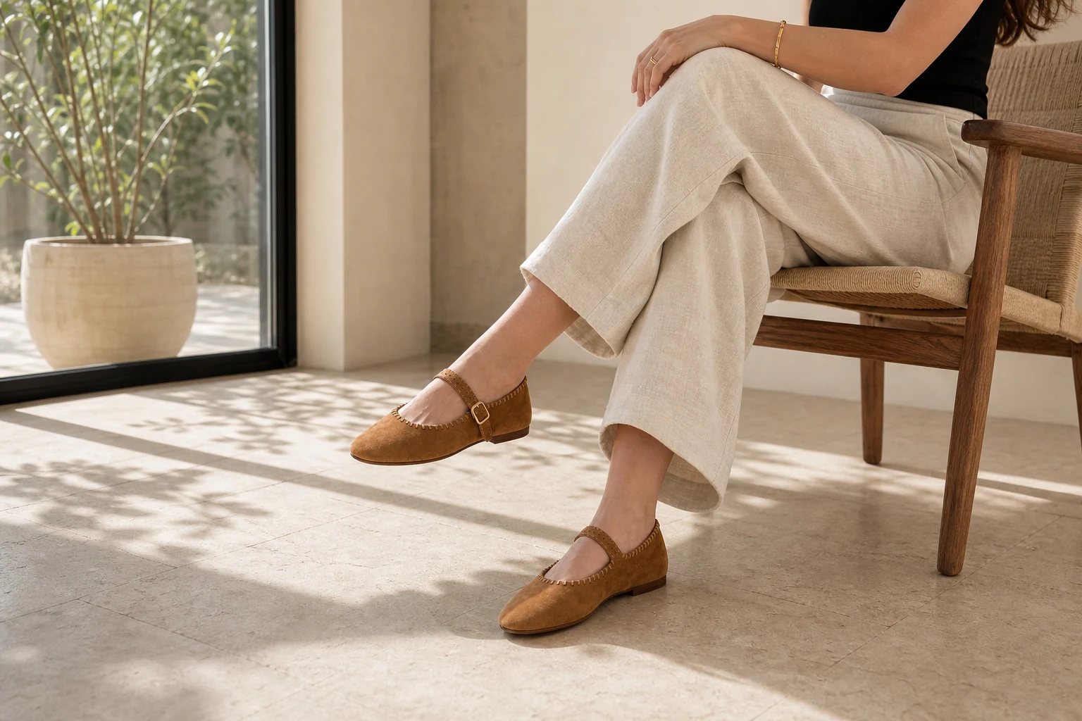 Product-in-context lifestyle scene showing the full strap flats