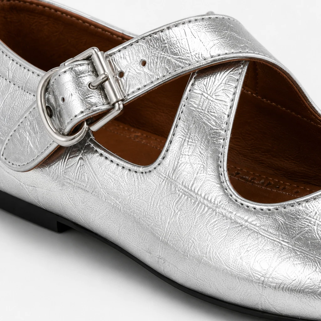 Close-up detail of silver Mary Jane shoe material and buckle strap