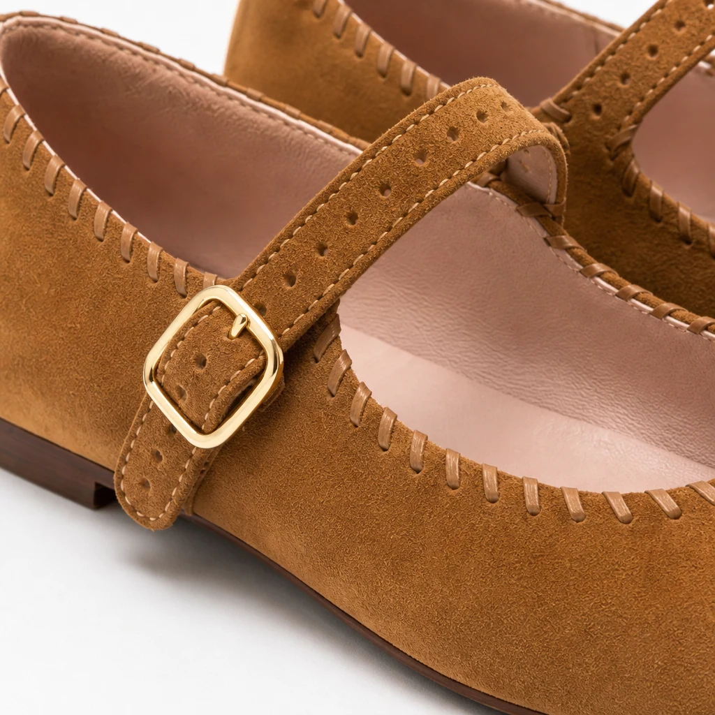 Close-up detail of the strap, buckle area, and upper texture on the flats