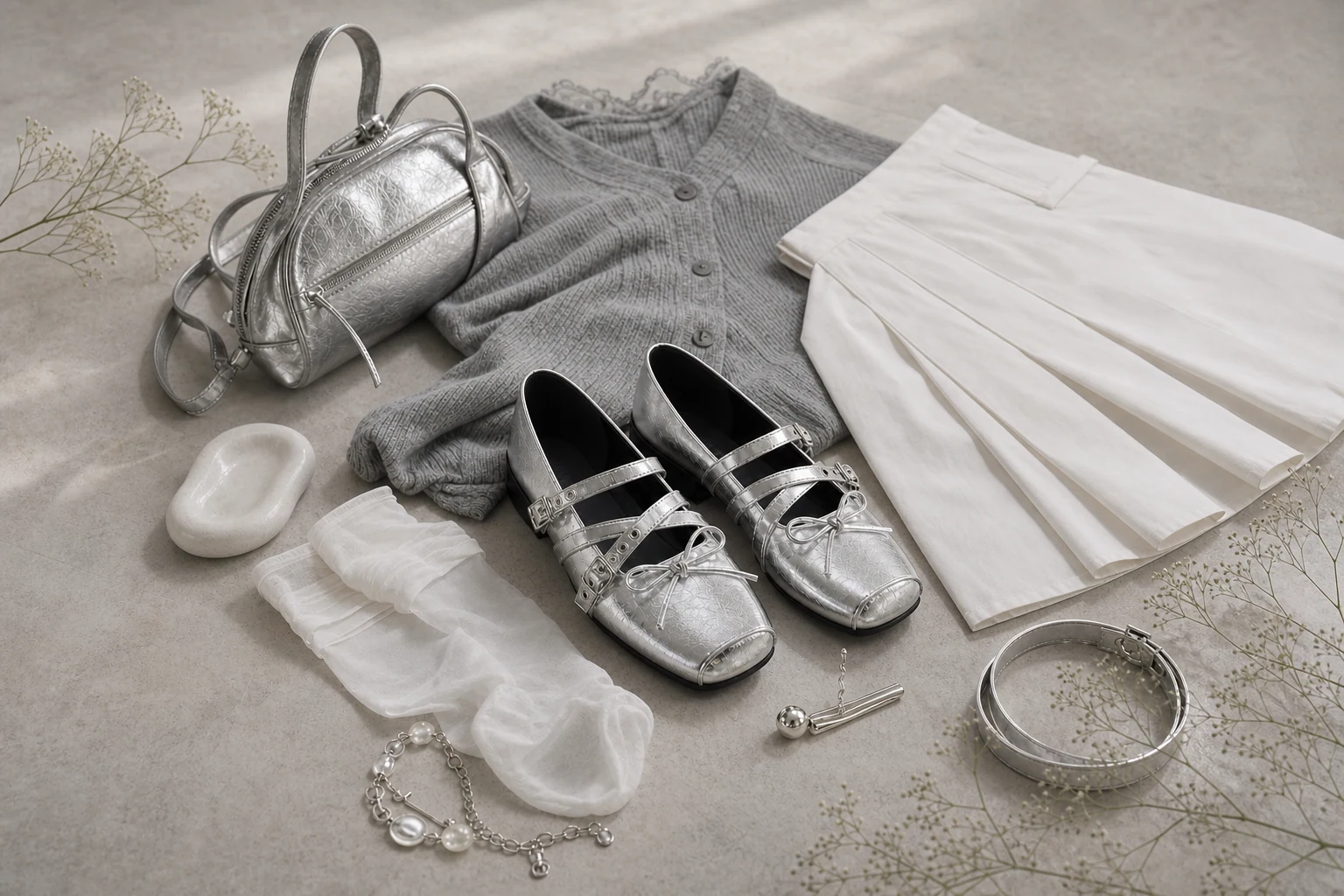 Silver bow buckle Mary Jane flats in an outfit-ready scene