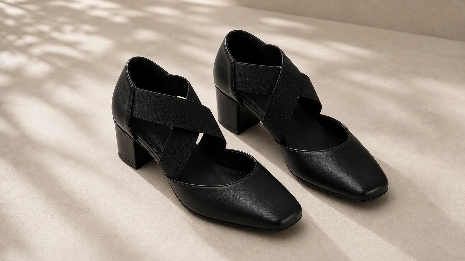 Square toe vintage cross strap Mary Jane heels styled in a horizontal scene