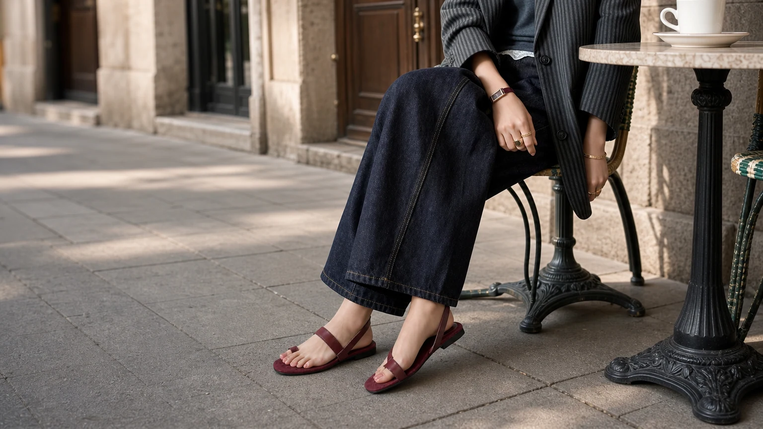Mujeres con sandalias planas con un mínimo de puntera en una cálida escena informal al aire libre