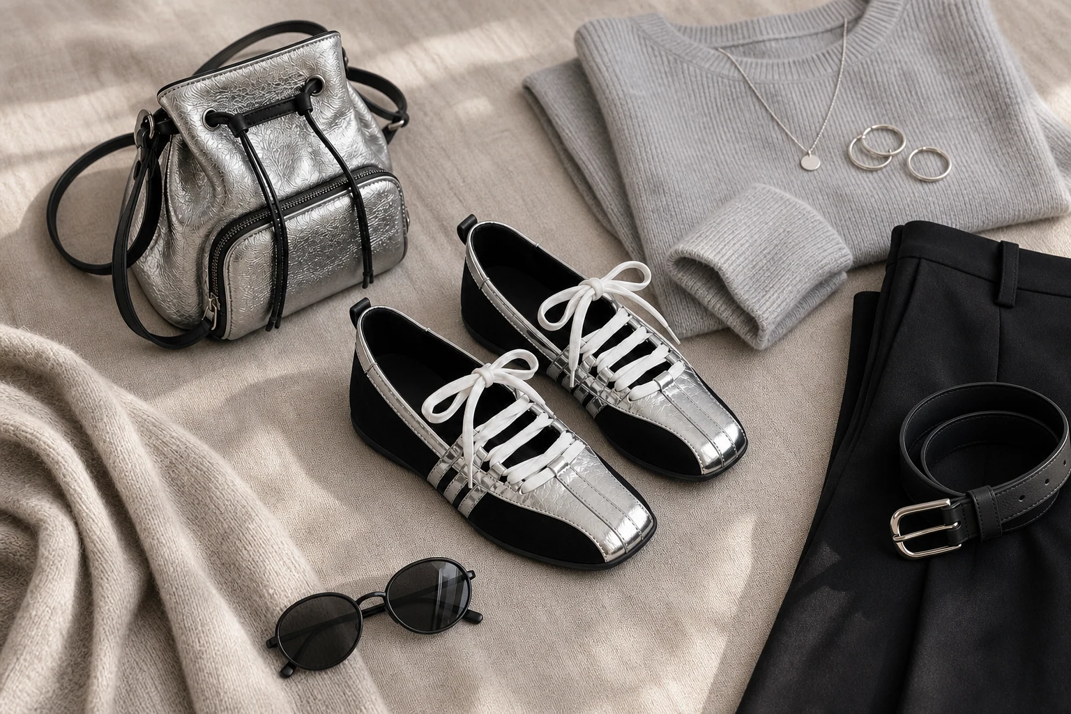 Soft sole ballet shoes in a product-in-context lifestyle scene