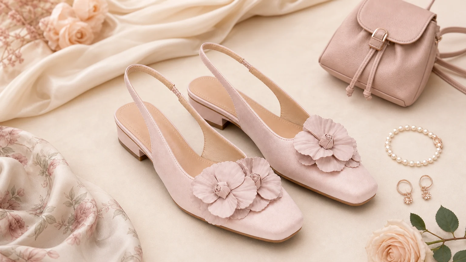 Rosafarbene Slingback-Absätze mit Blumenapplikationen im eleganten Stil