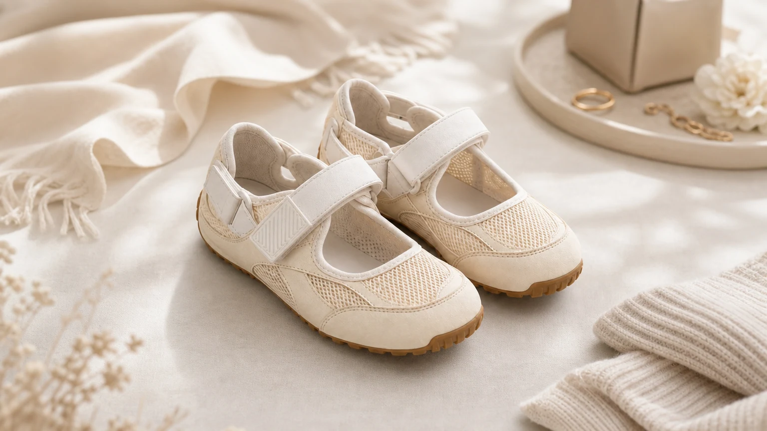 Zapatos informales transpirables de corte poco profundo diseñados en una escena de estilo de vida horizontal.