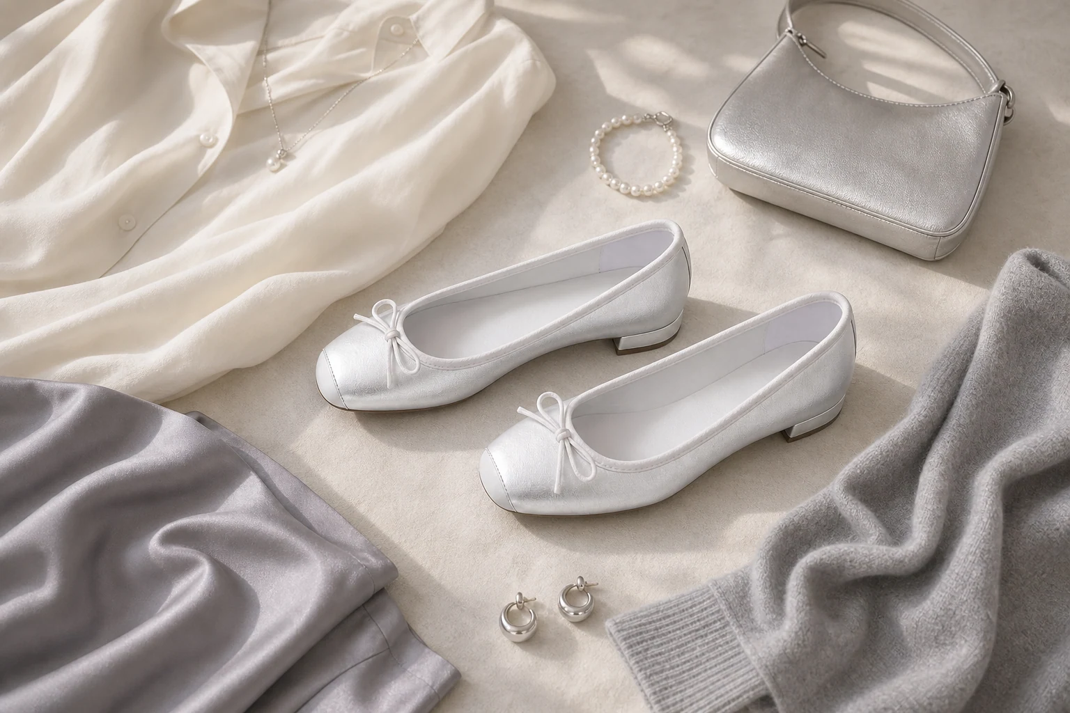 Lifestyle scene of soft square toe flats in a wardrobe setting
