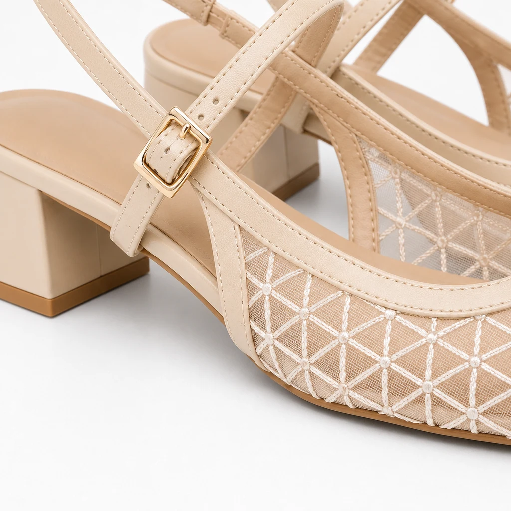 Nahaufnahme der Gitterstruktur, Riemen- und Schnallendetails des Slingback-Schuhs