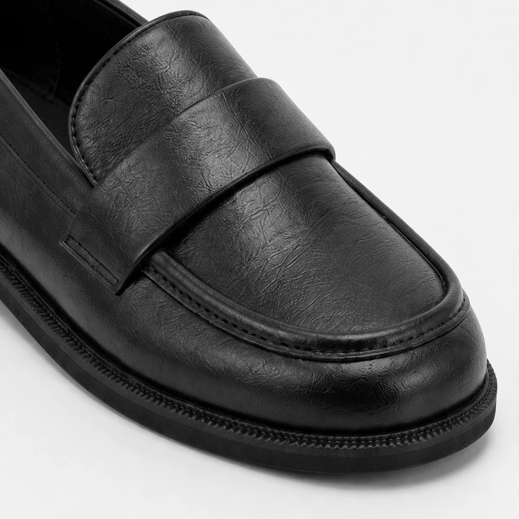 Primer plano del material y detalle de construcción de los zapatos planos de vestir estructurados.