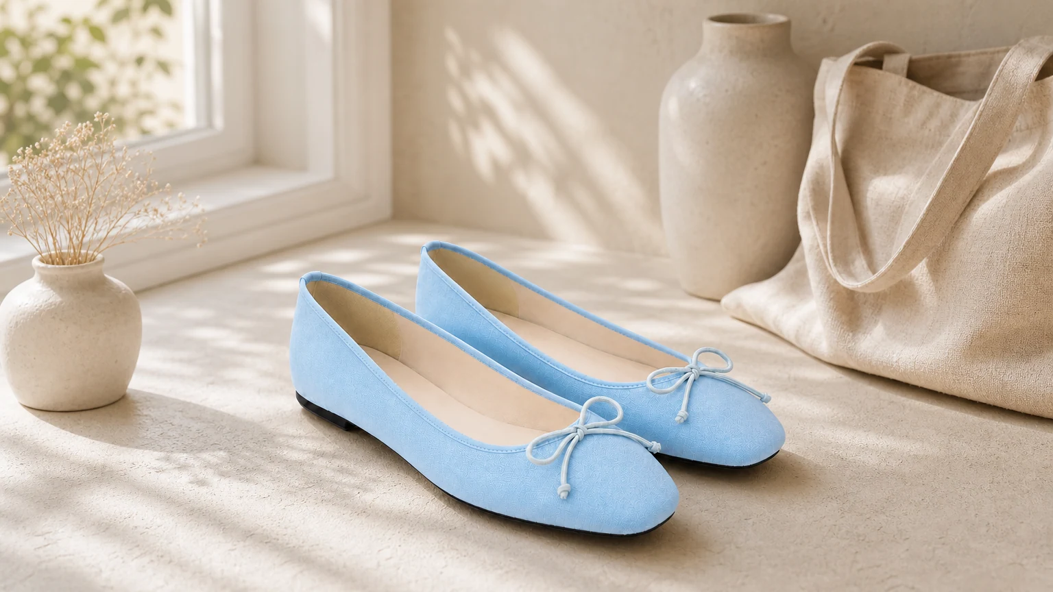 Weiche Ballerinas mit runder Spitze und Schleife im horizontalen Lifestyle-Stil