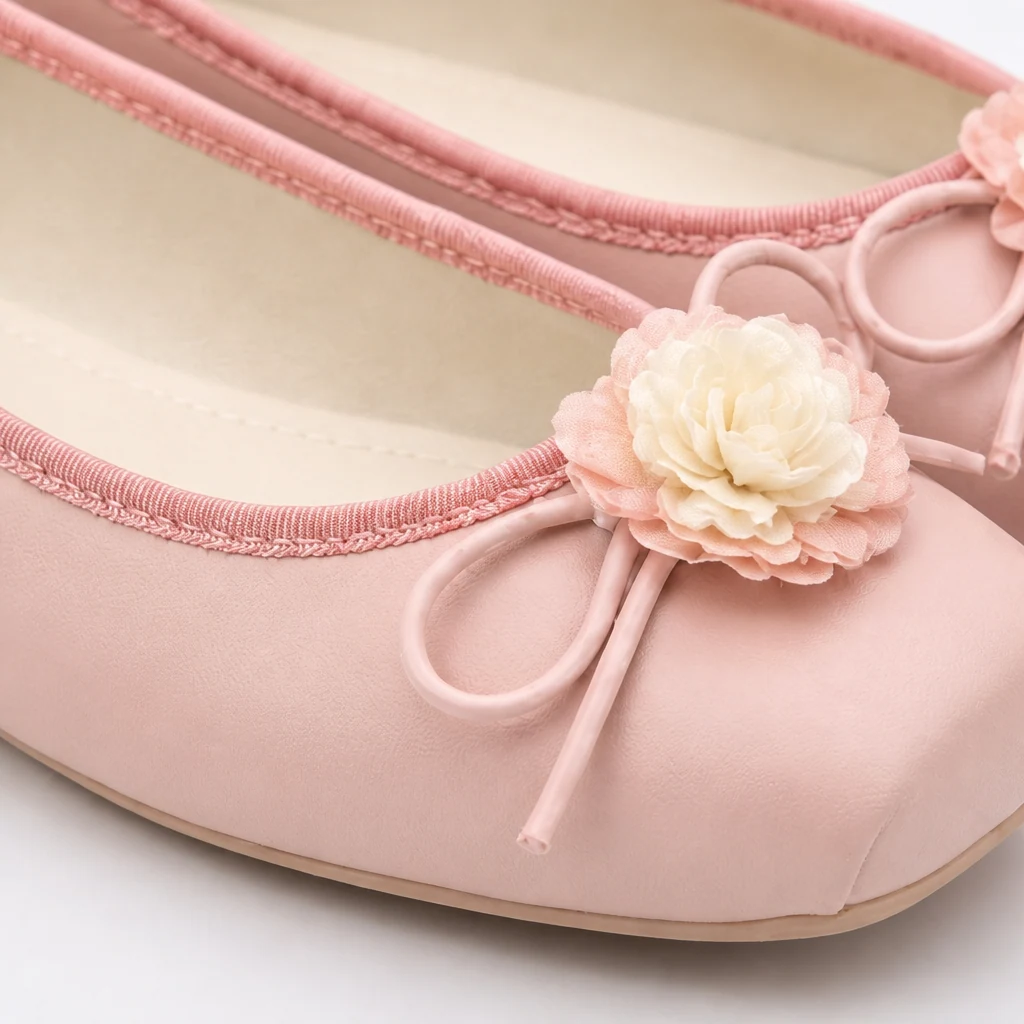 Close-up detail of the qipao-inspired flat shoe material and finish