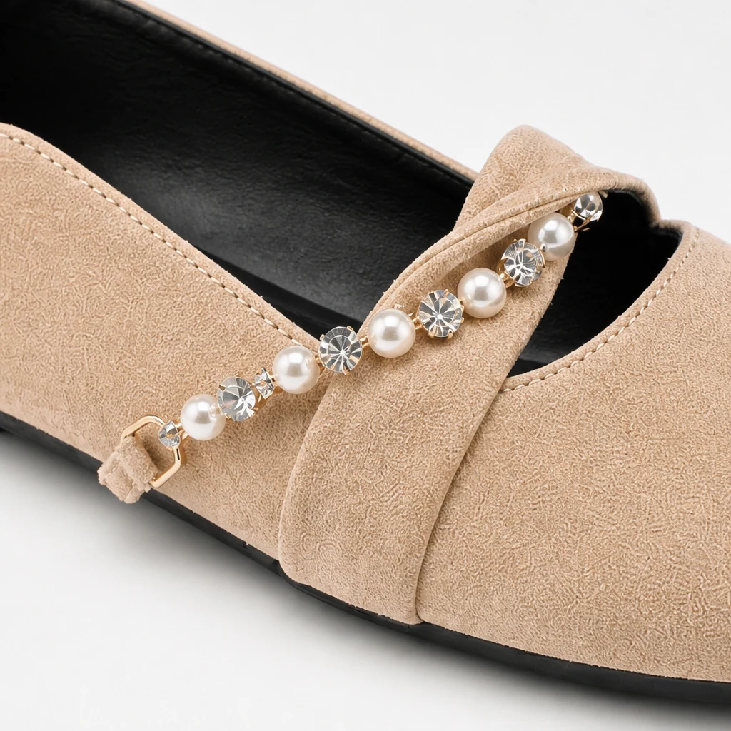 Close-up detail of the summer flats material and strap