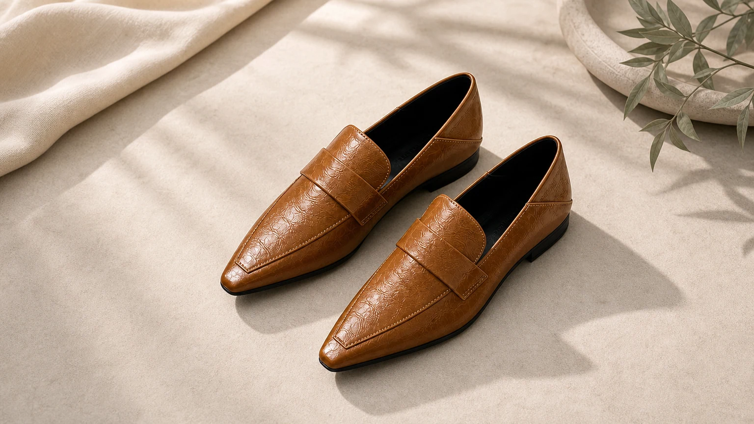 Zapatos planos de vestir pulidos y sin cordones con tacón bajo diseñados en un ambiente limpio y listo para la oficina