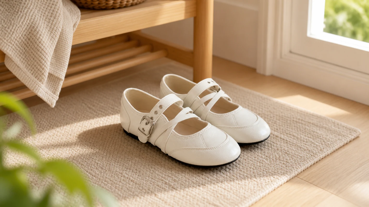 Soft leather-lined Mary Jane flats styled in a spring lifestyle scene
