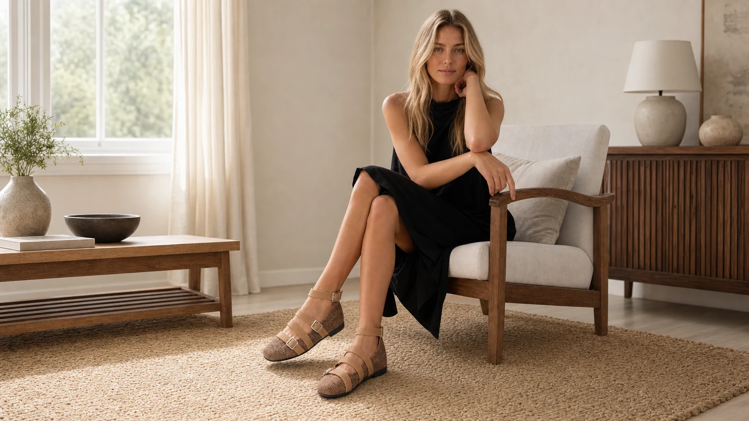 Lightweight French style ballet flats styled in a soft spring outfit scene