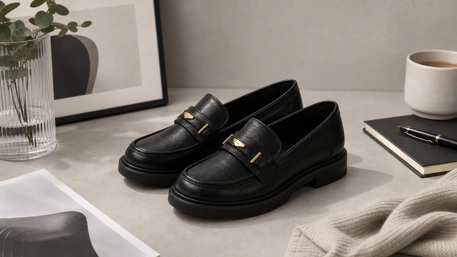 Mocasini cu slip-on structurați negri, stilați într-un stil de viață orizontal