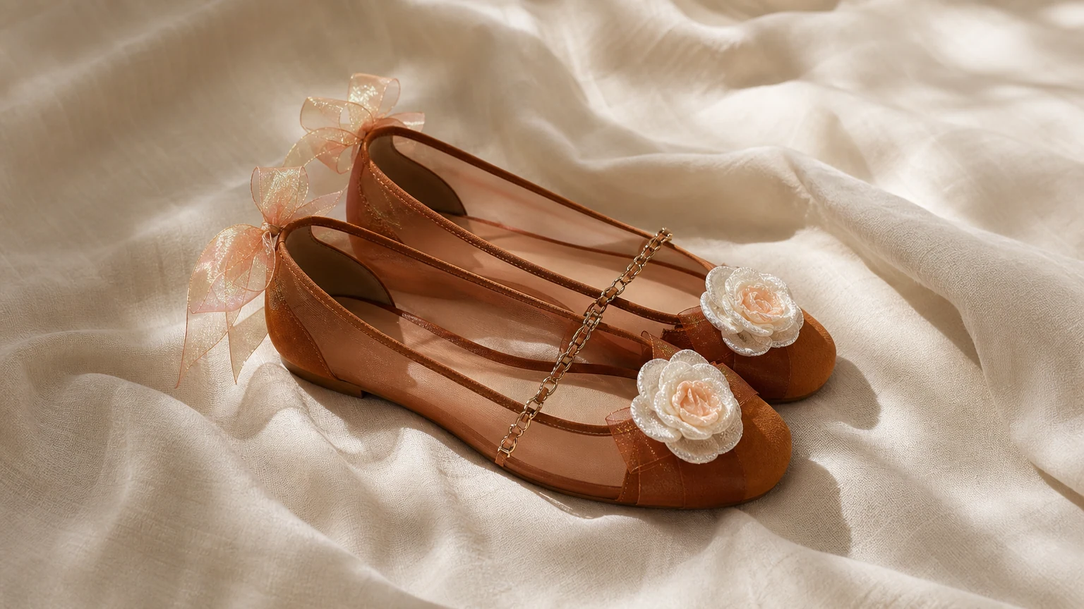 Rose detail lightweight brown ballet flats styled in a soft horizontal scene