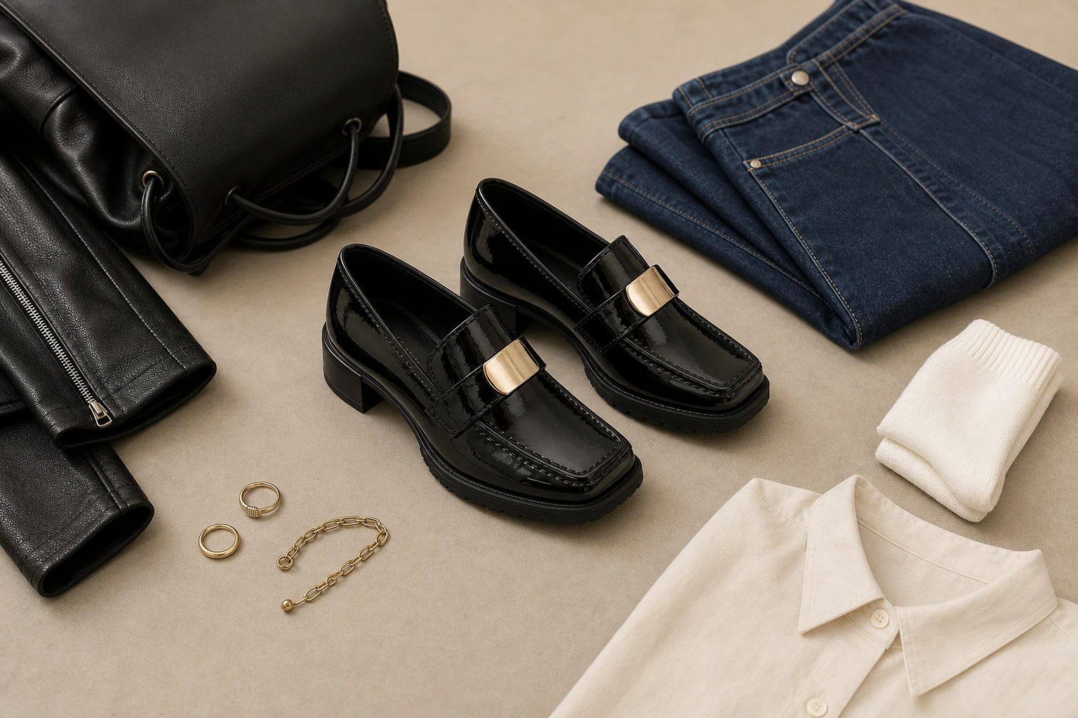 Lifestyle-Szene im Produktkontext, die die schwarzen Slipper mit Absatz zeigt