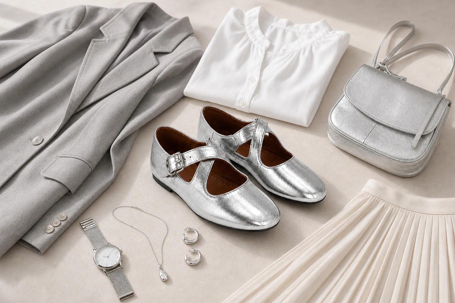 Silver Mary Jane shoes in a lifestyle product scene