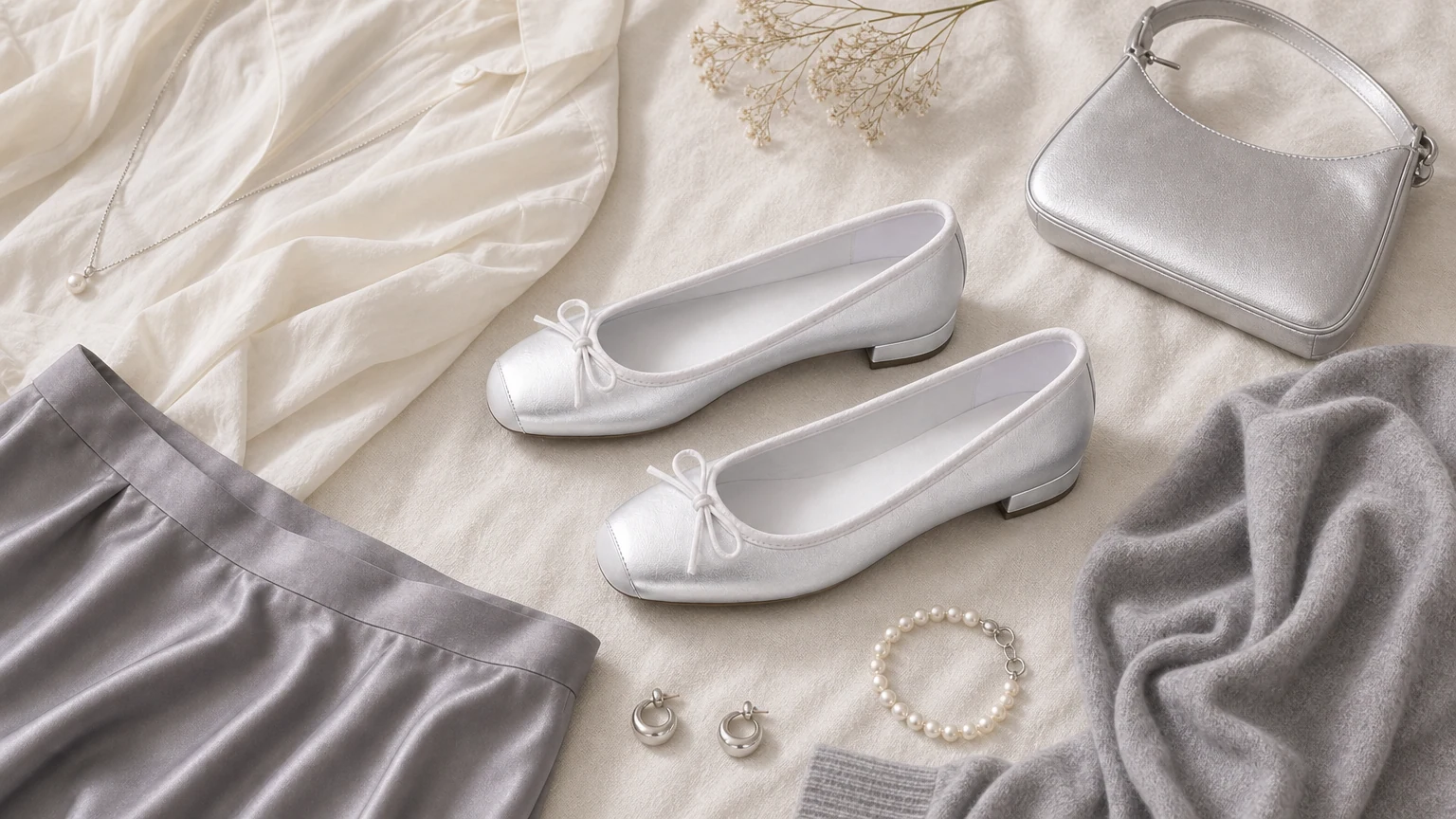 Soft square toe ballet flats styled in a horizontal lifestyle scene