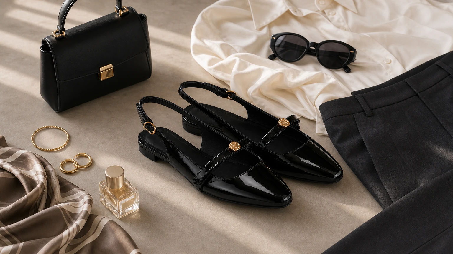 Tyylikkäät matalakorkoiset slingback-pumput, jotka on muotoiltu vaakasuuntaiseen muotimaailmaan