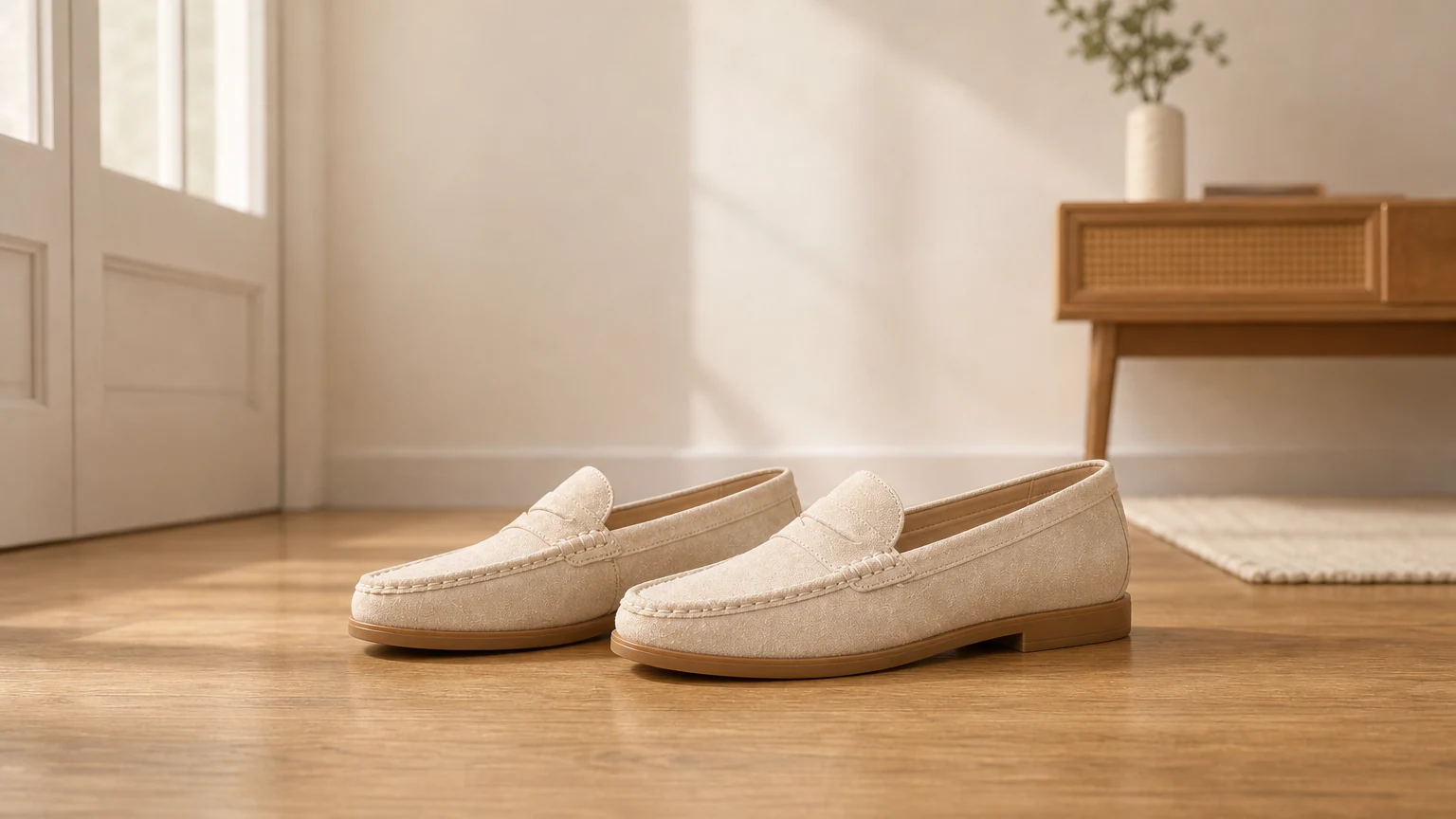 Lässige, flache Slipper zum Hineinschlüpfen im horizontalen Lifestyle-Stil