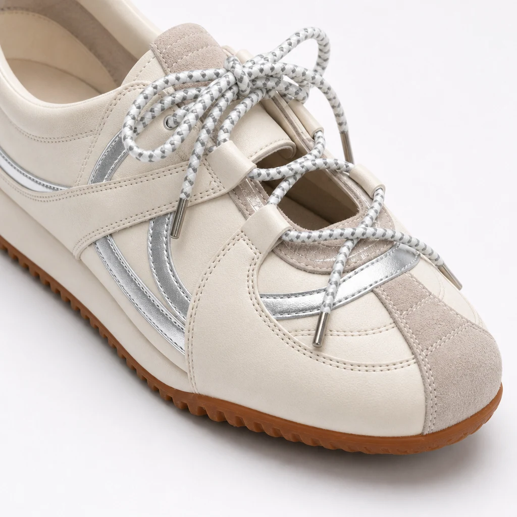 Close-up detail of the ballet-inspired shoe material and construction