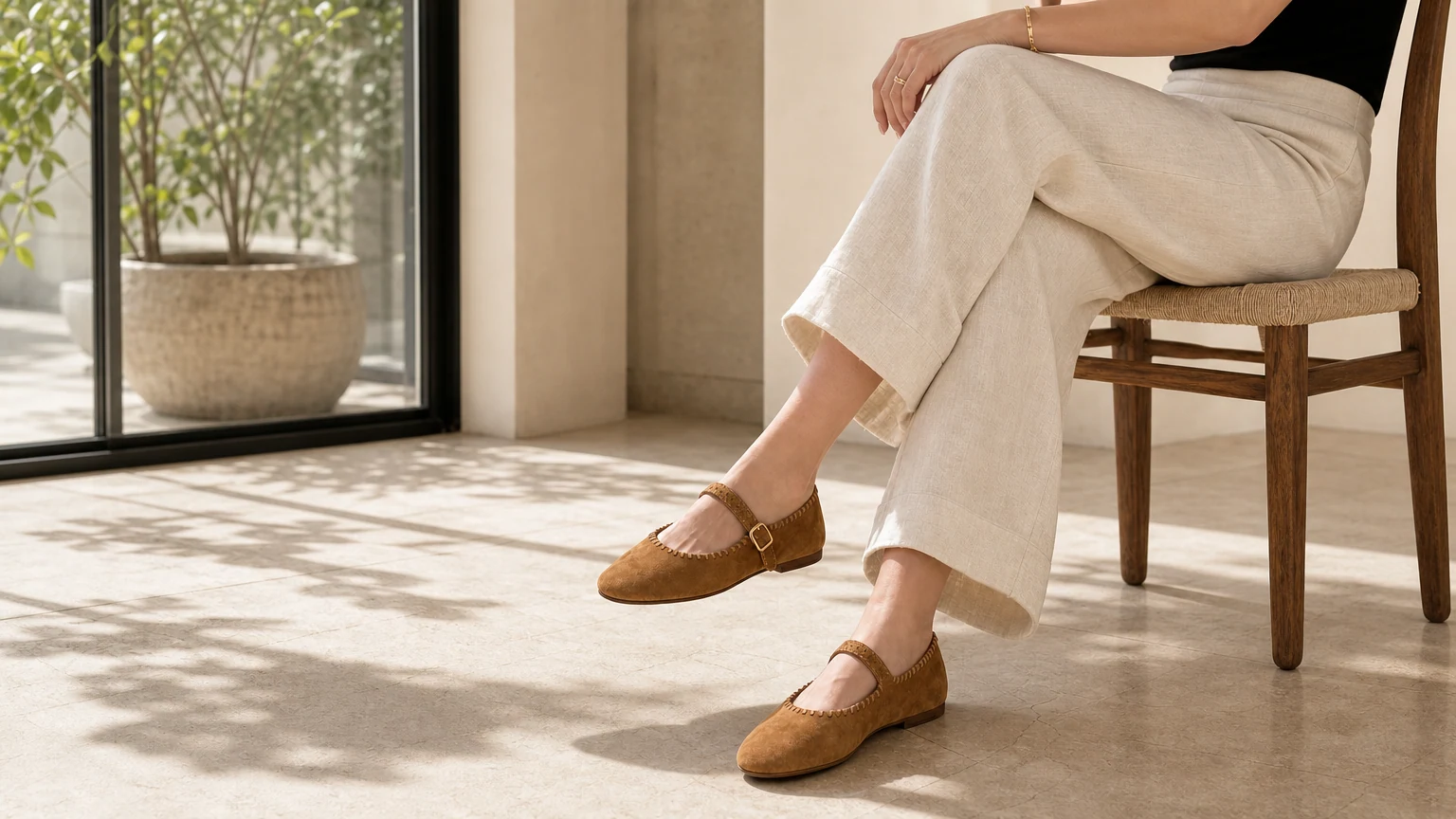 Vintage style comfortable strap flats for women in a warm lifestyle scene