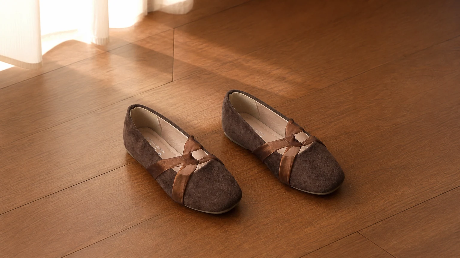Square-toe ballet-inspired low heel flats styled in a warm lifestyle scene