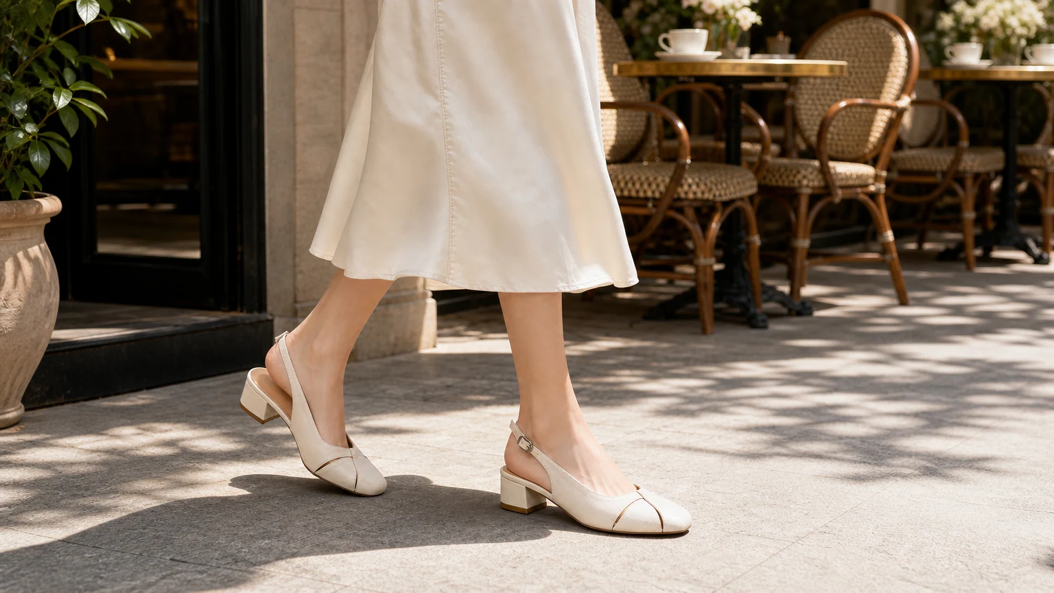 Cremefarbene Slingback-Heels mit eckiger Zehenpartie und Cutout in einer redaktionellen Lifestyle-Szene