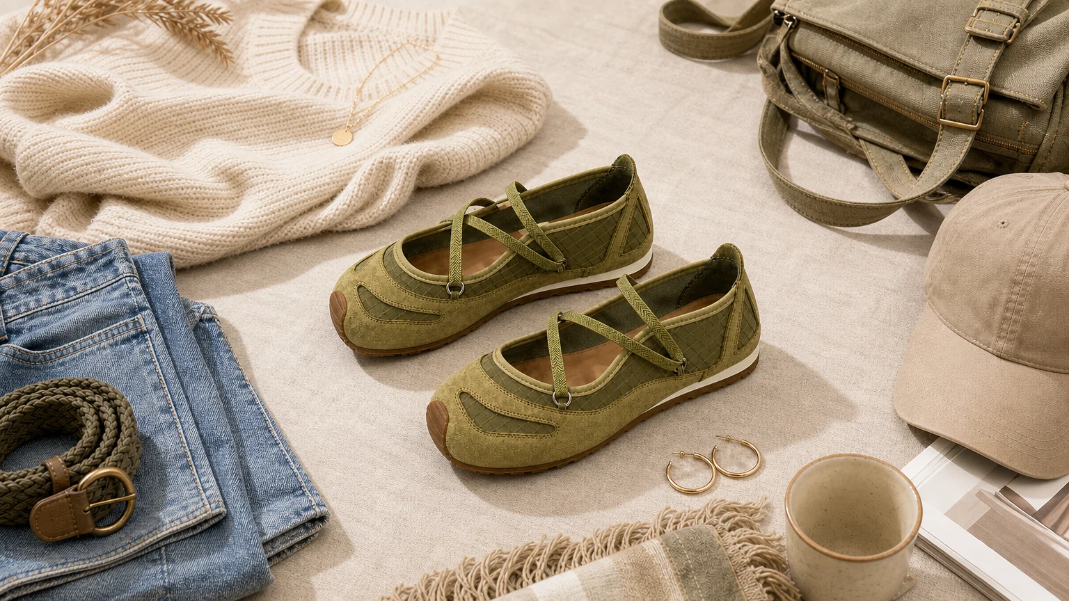 Breathable shallow cut Mary Jane shoes styled in a soft lifestyle scene
