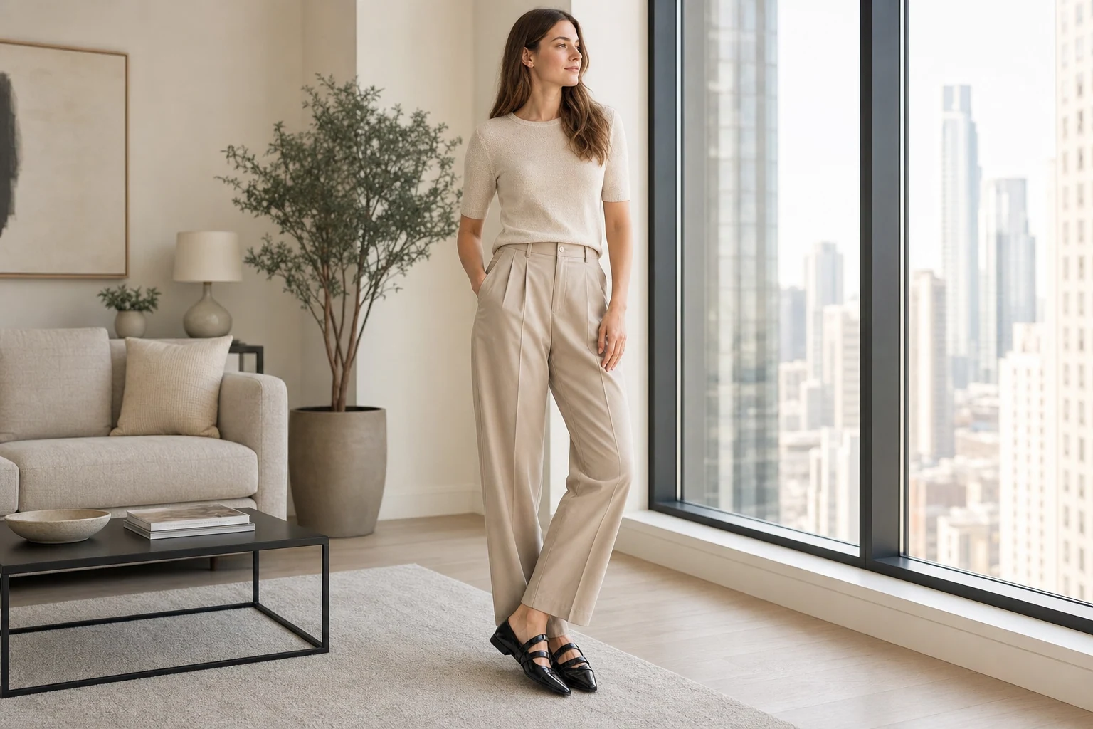 Lifestyle scene showing Mary Jane low heels in a styled setting