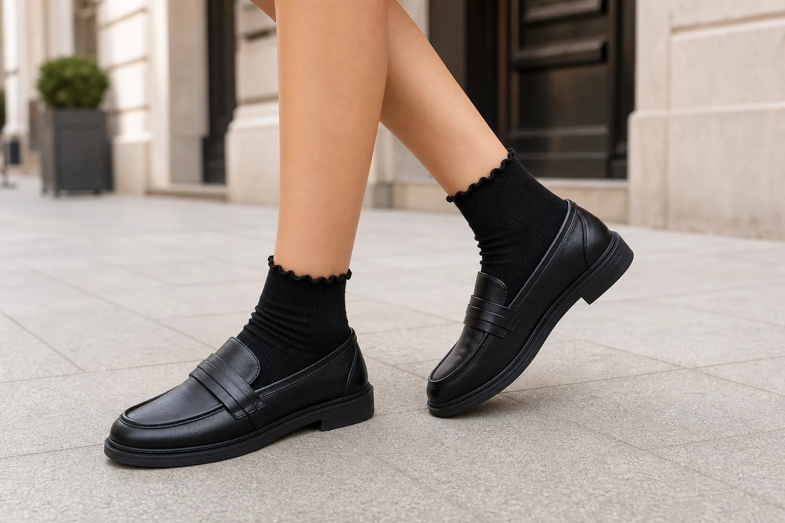 Mocasini negri centrați într-o scenă de produse de stil de viață