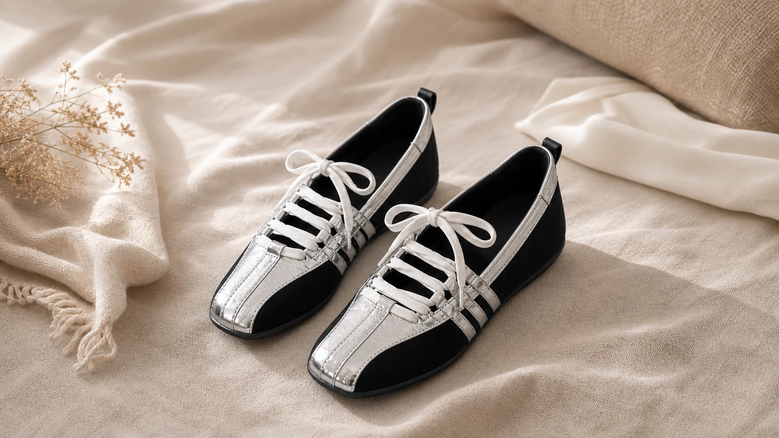 Soft sole sporty ballet shoes styled in a lifestyle scene