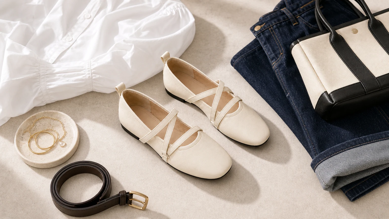 Zapatos planos Mary Jane minimalistas con tiras cruzadas y estilo en una escena de héroe horizontal
