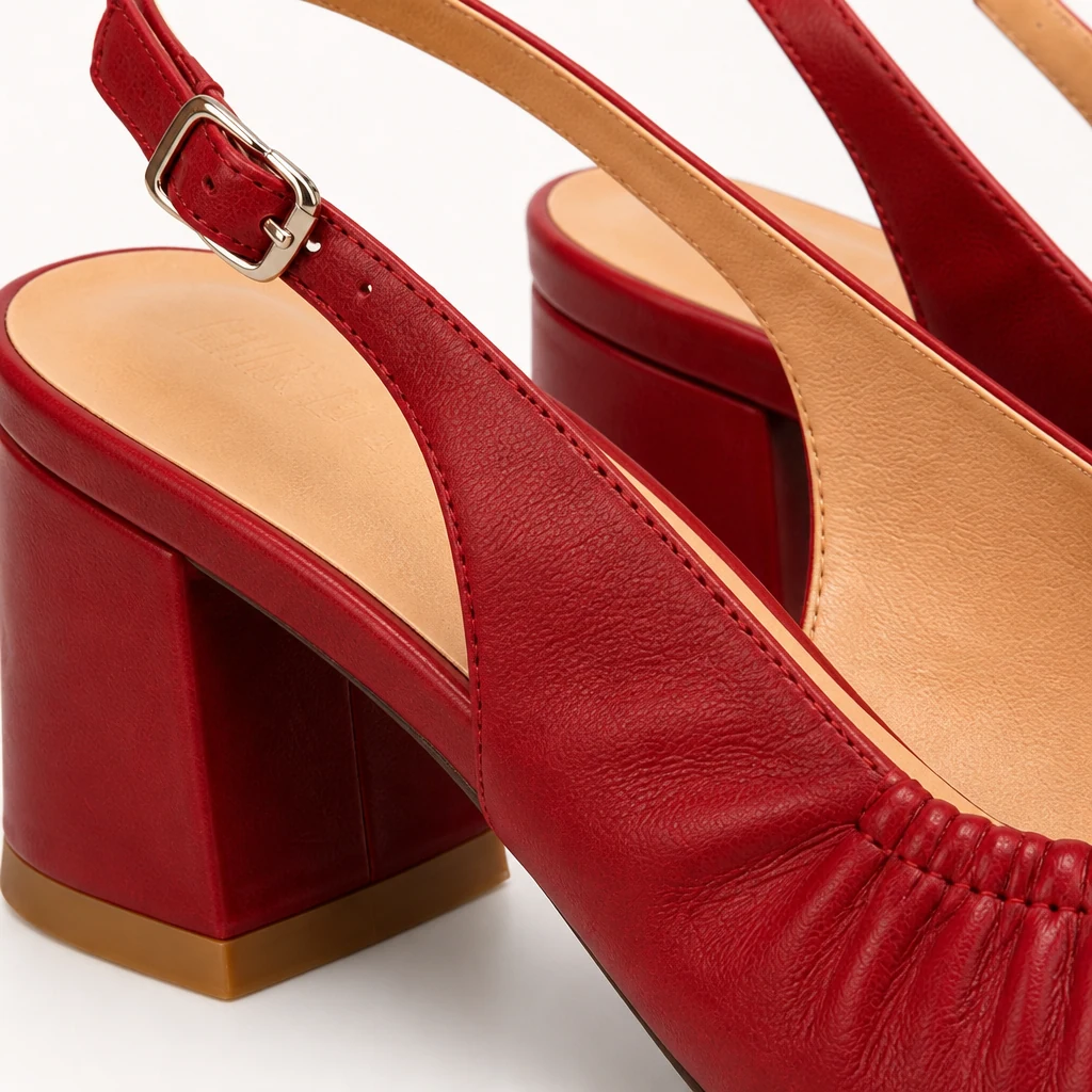 Detailaufnahme des weichen, gerafften Obermaterials und der Slingback-Schnallenkonstruktion
