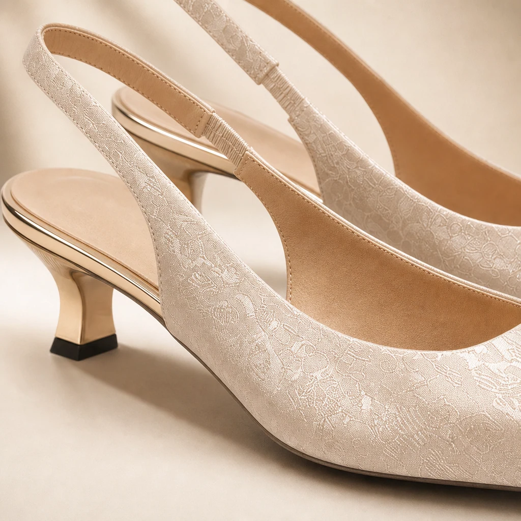 Lähikuva yksityiskohta kiiltävästä yläosasta ja slingback kantapäärakenteesta
