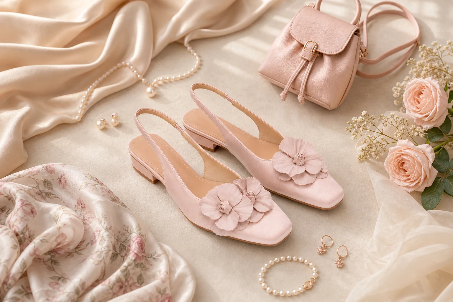 Rosa geblümte Slingback-Heels in einer Lifestyle-Produktszene