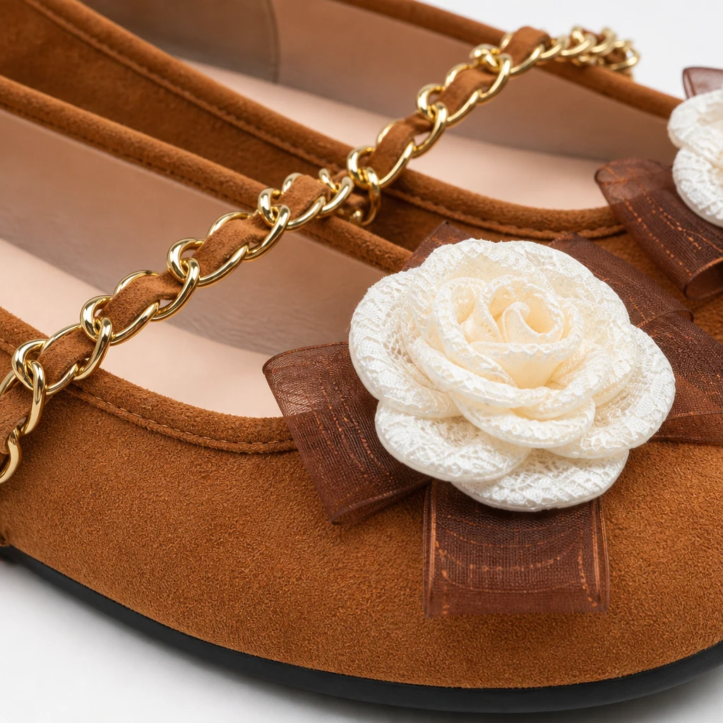Close-up detail of the rose-inspired ballet flat finish and construction