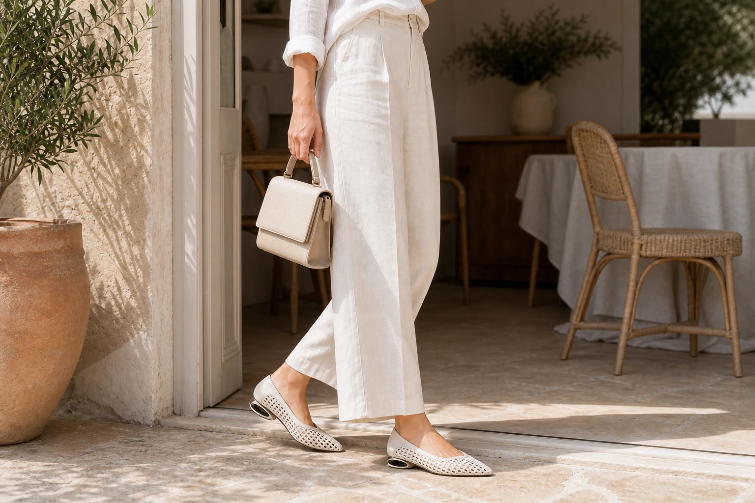 Strukturierte Ballerinas mit spitzer Zehenpartie in einer Lifestyle-Szene