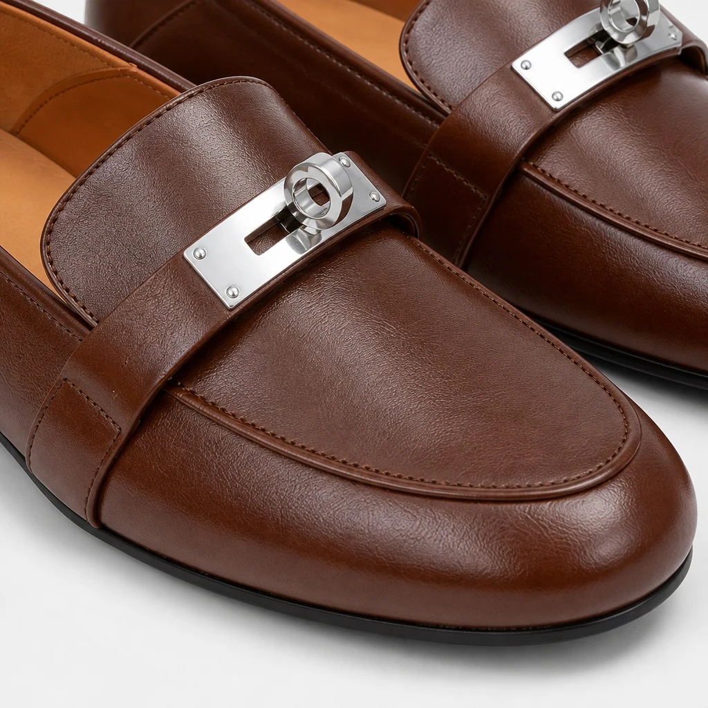 Primer plano de la parte superior pulida del mocasín, las costuras y el detalle de la hebilla
