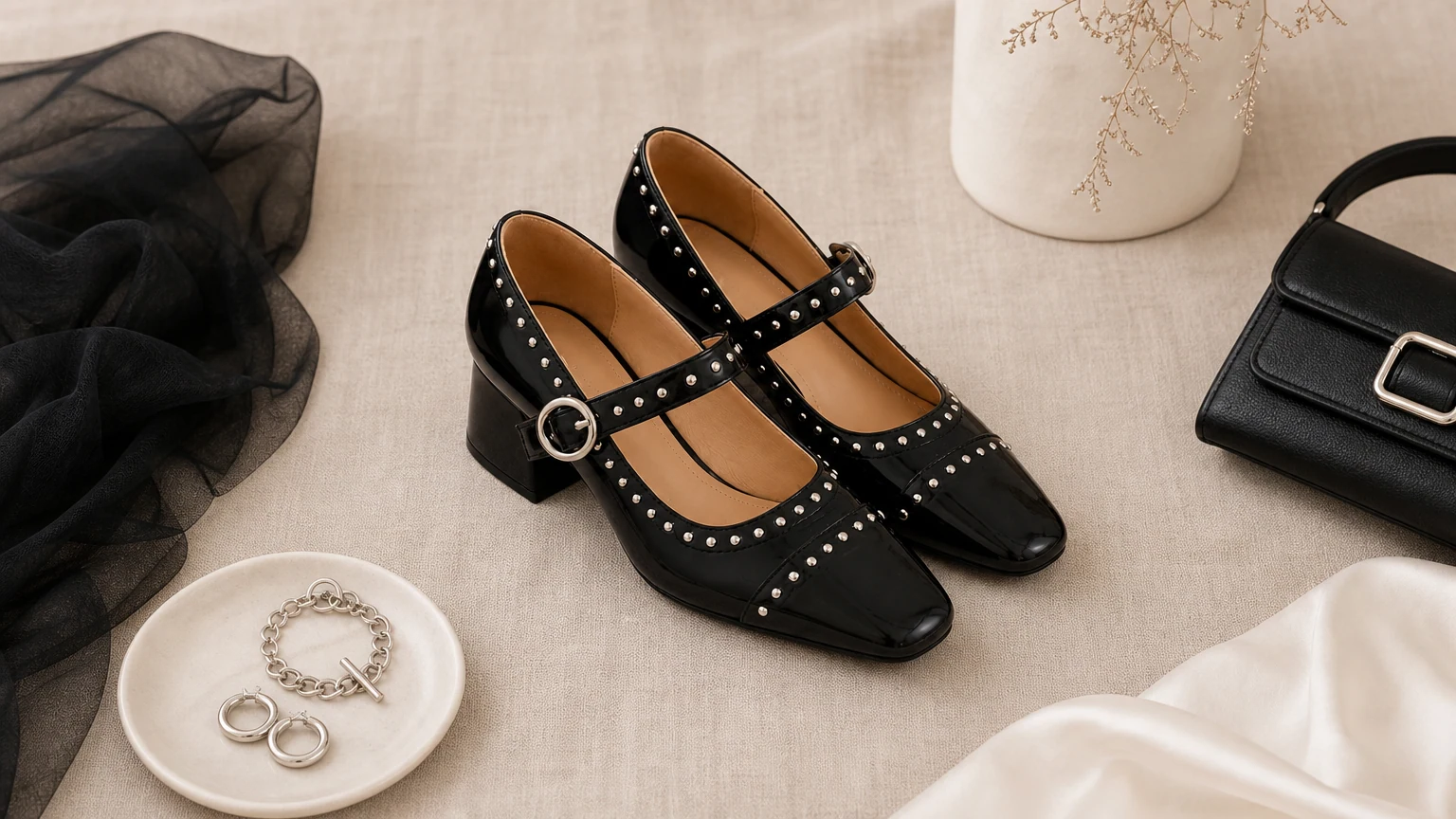 Shallow cut chunky heel ballet Mary Jane shoes styled in a horizontal scene