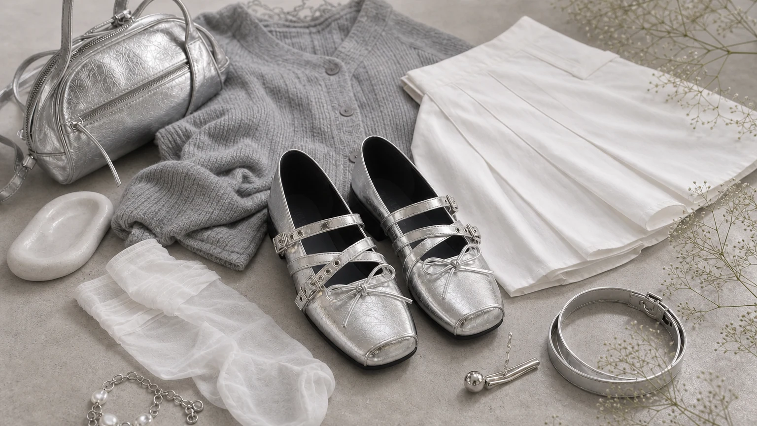 Silver square toe bow buckle Mary Jane flats styled in a soft editorial scene